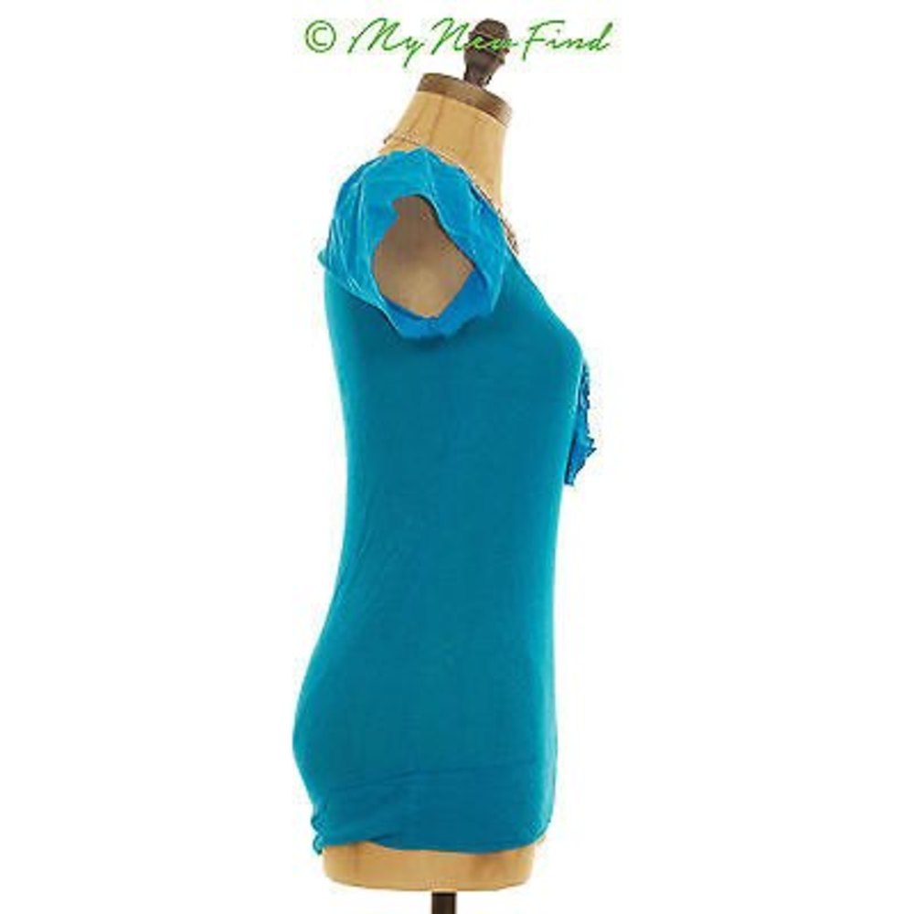 Arden B Henley Top Size XS Ruffle Flutter Sleeve Stretch Turquoise Blue EUC B67 - Picture 2 of 3